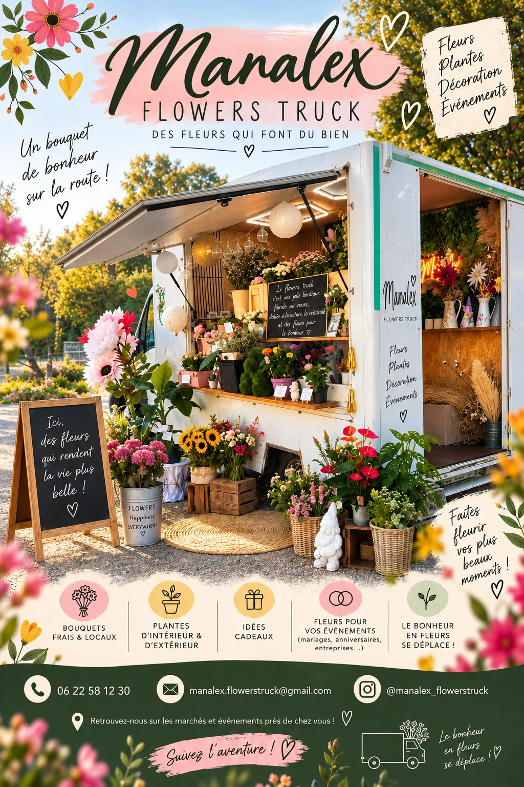 Le camion fleuri de Manalex Flowers Truck, ouvert sur un marché