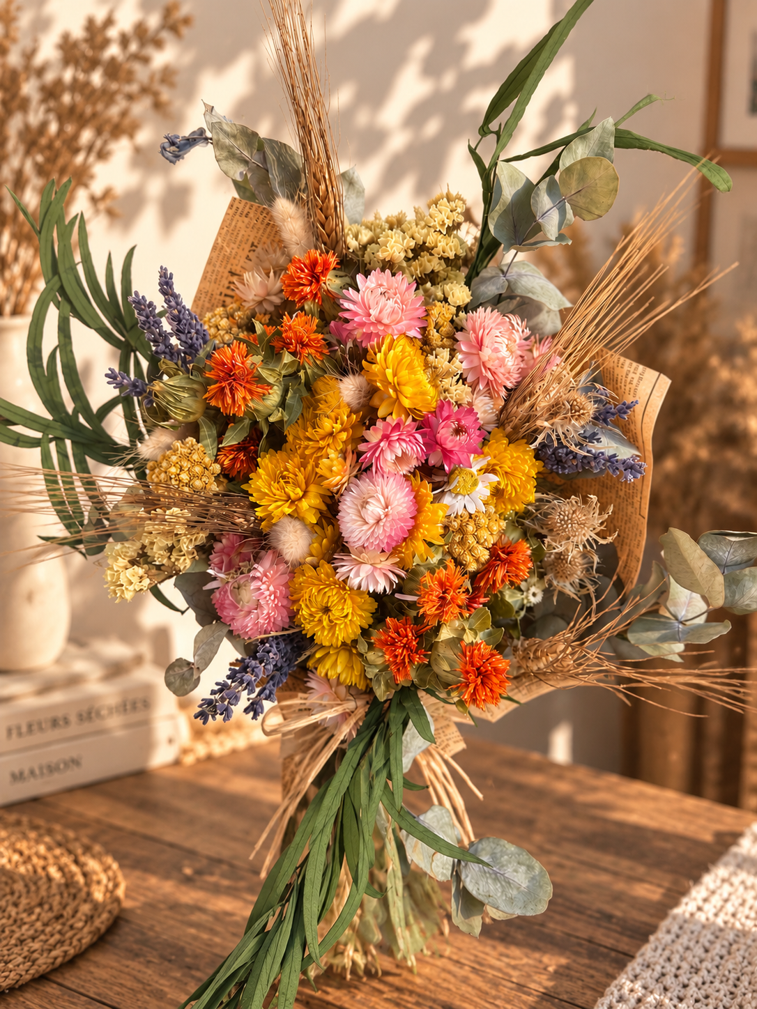 Bouquet champêtre aux tons chauds et poudrés