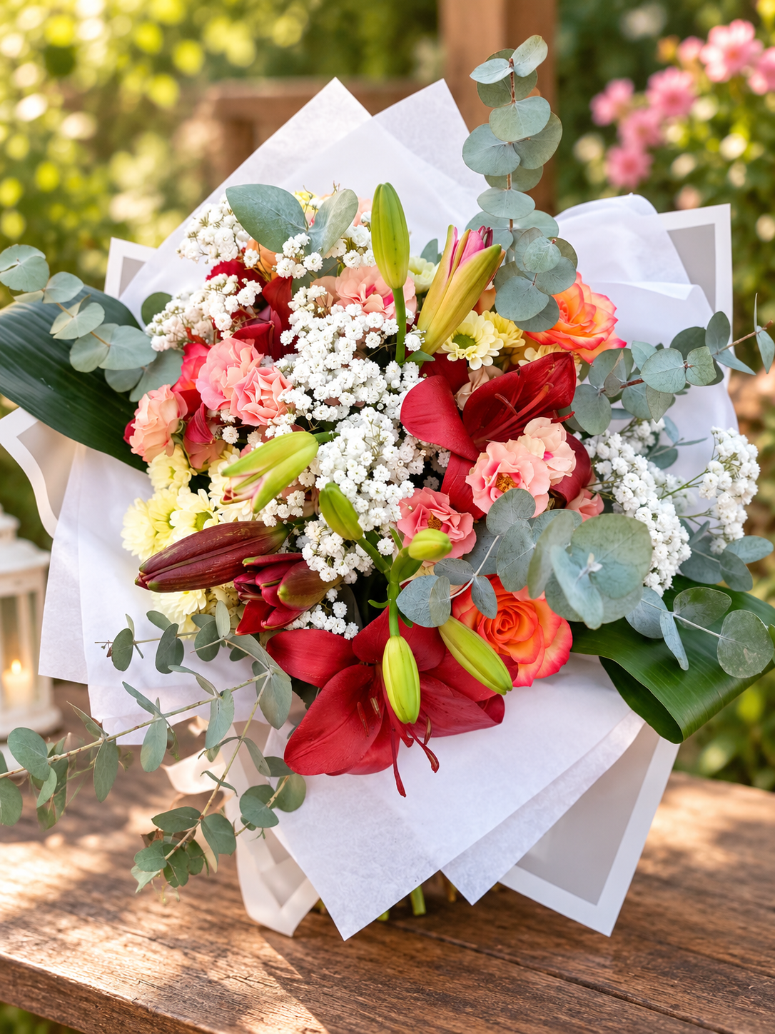 Bouquet généreux aux lys et roses colorés