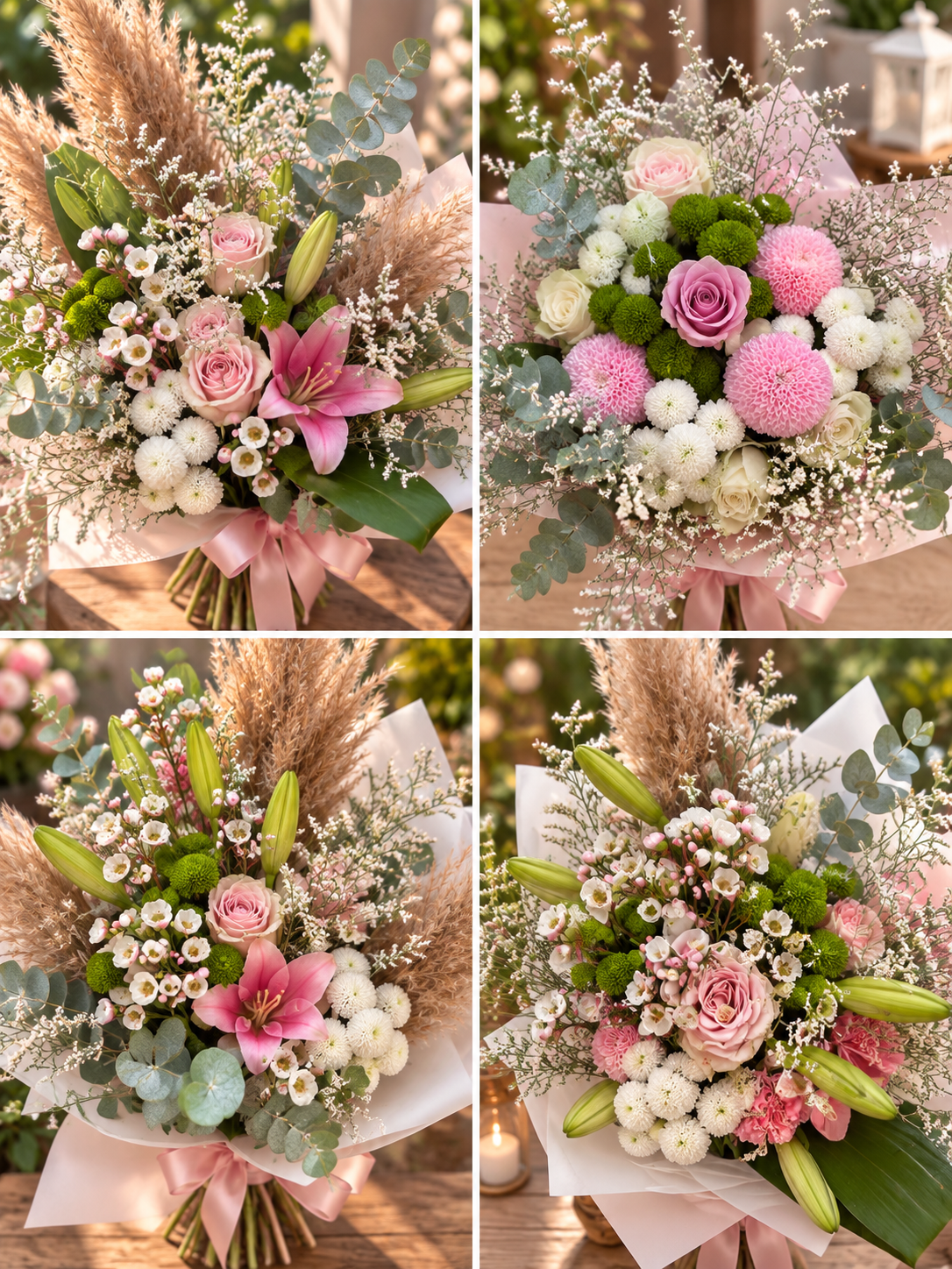 Bouquet Élégance Rose — Une composition romantique et raffinée dans de tendres nuances de rose et de blanc, mêlant roses, lys, fleurs délicates