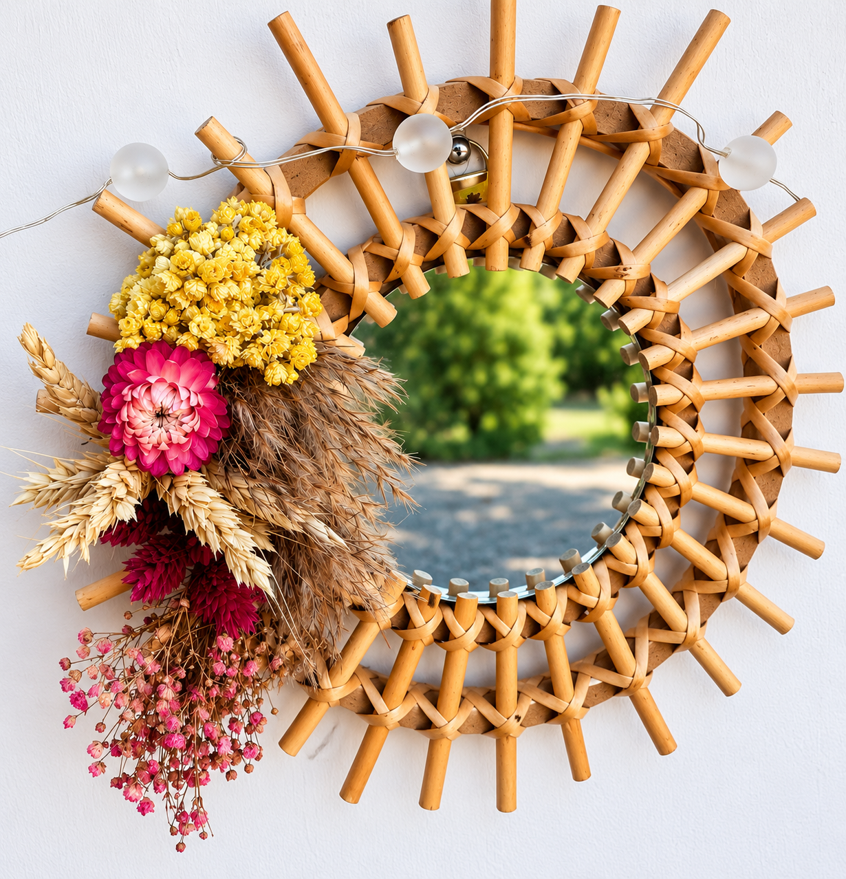 Miroir Bohème Fleuri — Un miroir en rotin sublimé par une composition de fleurs séchées aux tons naturels et rosés