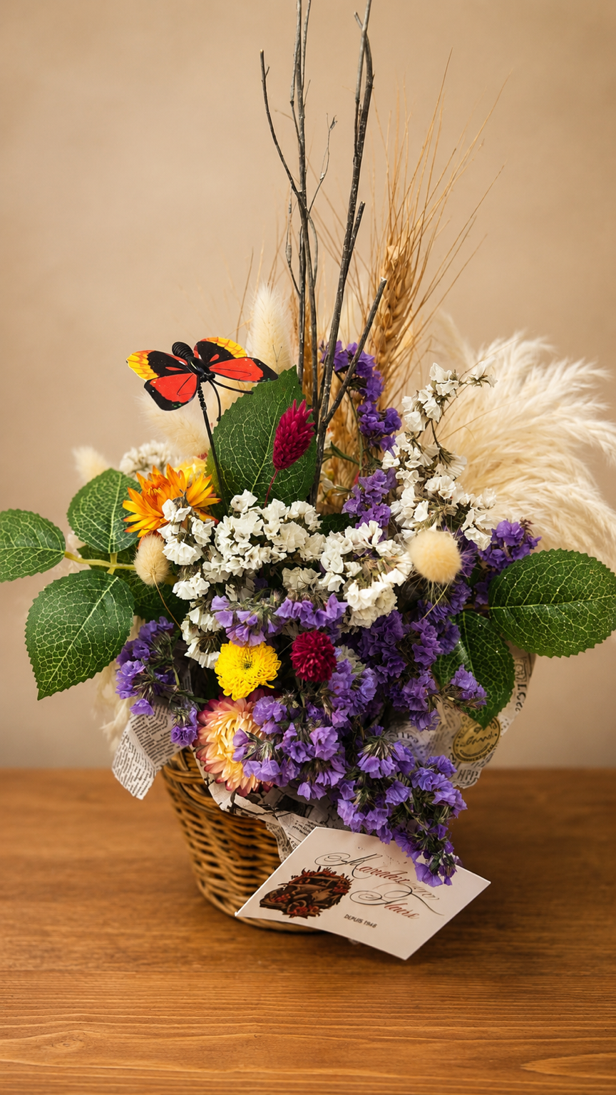 Composition Jardin Bohème — Une création champêtre et originale mêlant fleurs séchées aux nuances violettes, blanches et ensoleillées.