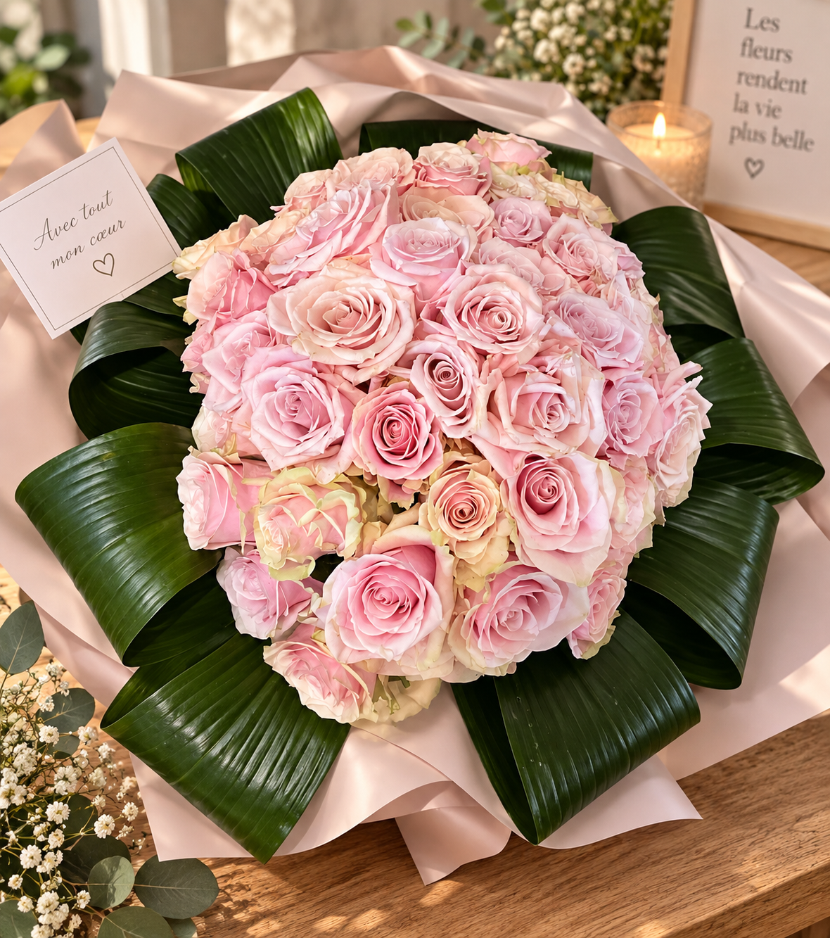 Bouquet Tendresse Infinie — Un somptueux bouquet de roses aux délicates nuances de rose poudré et d’ivoire, sublimé par un feuillage vert profond