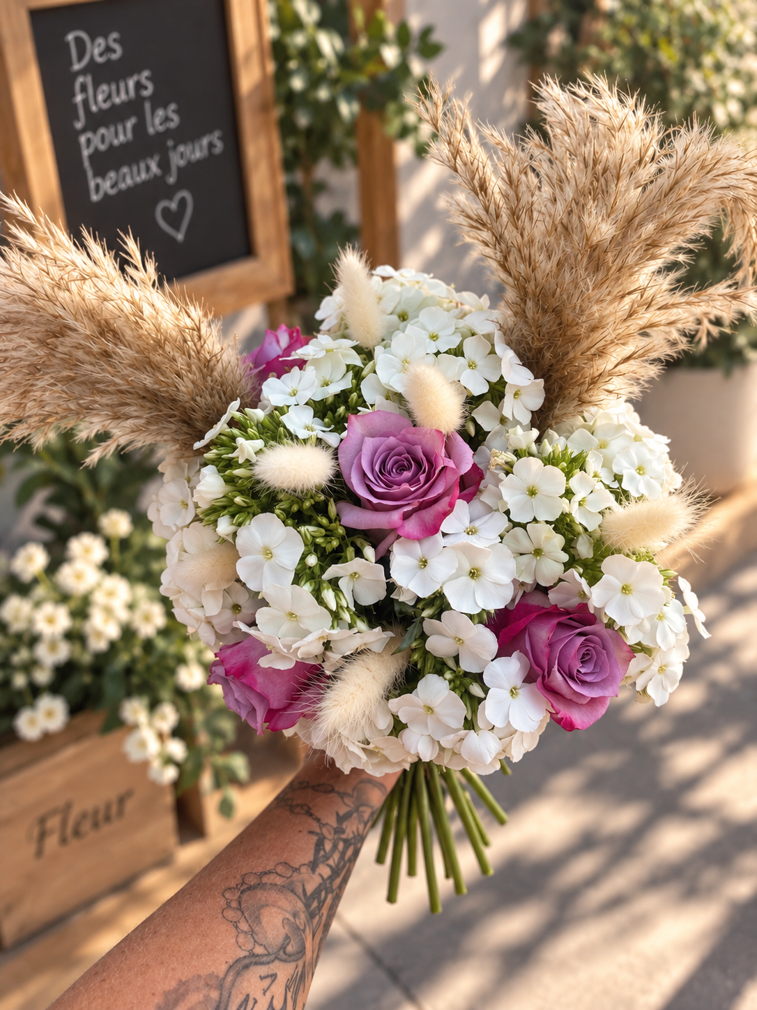 Bouquet Douceur Bohème — Une création romantique et naturelle mêlant de délicates fleurs blanches à de magnifiques roses mauves.