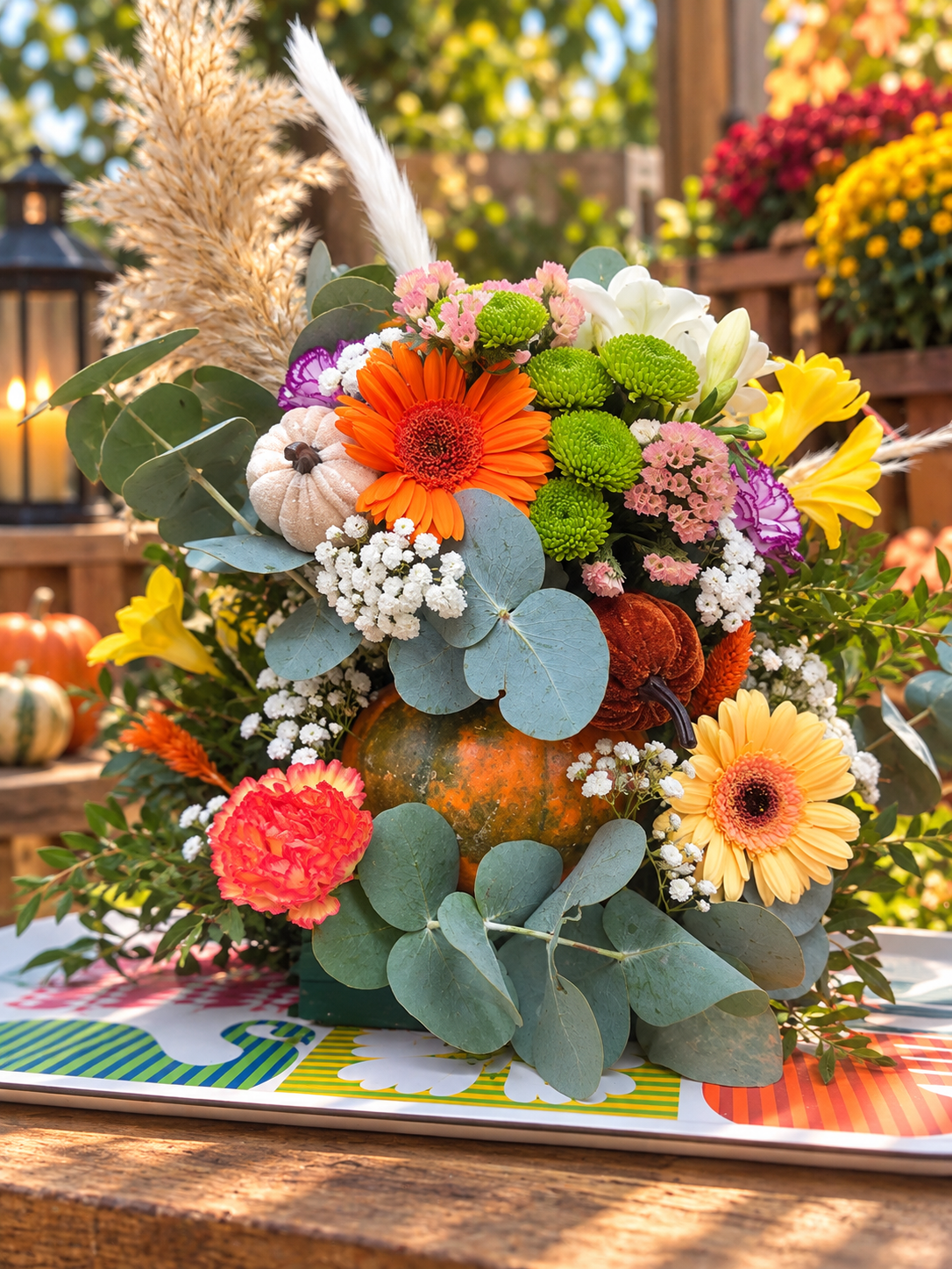 Une jolie création automnale où fleurs et citrouille se rencontrent dans une harmonie de couleurs chaleureuses