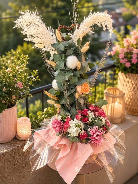 Grande composition pampa, eucalyptus et dahlias roses